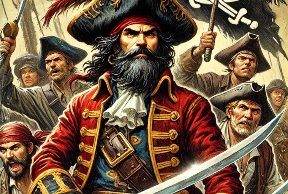 DALL·E 2025 02 07 20.16.25 A dramatic illustration of a pirate captain leading his crew into battle holding a sword and wearing a red and gold coat with a large feathered hat.