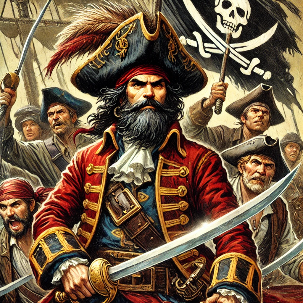 DALL·E 2025 02 07 20.16.25 A dramatic illustration of a pirate captain leading his crew into battle holding a sword and wearing a red and gold coat with a large feathered hat.